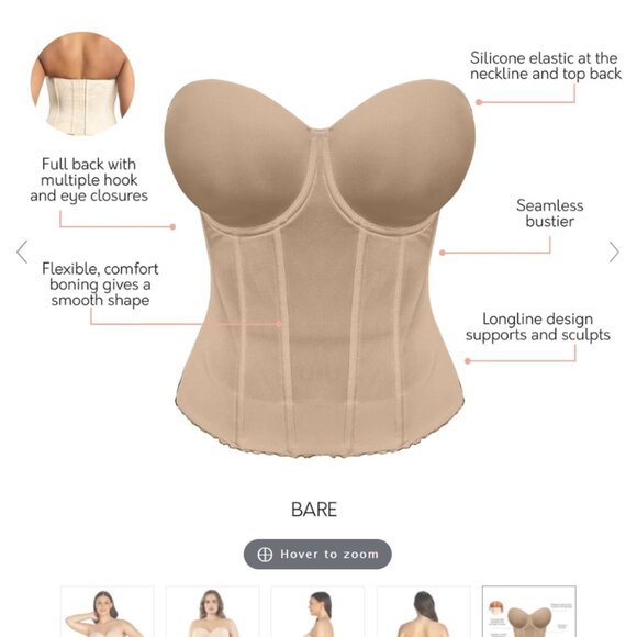 New Size S+, Elise P6097, Full Bust Padded Strapless Full Back Beige Bustier - Picture 6 of 6